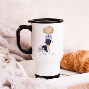 Cabin Crew Travel Mug, Blue Airline Cabin Crew Gift, Best Friend Gift, Air Hostess Character Girl, Flight Attendant Mug, Travel Girl Mug