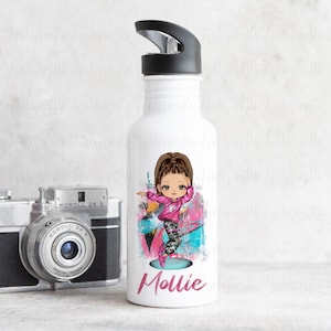 May include: White water bottle featuring a colourful graphic of a girl dancing and the name "Mollie" printed on the bottom.