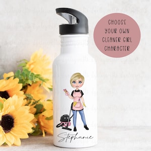 Personalised Cleaner Girl Water Bottle, Character Cleaning Girl, Cleaning Staff Gifts, Gift For My Cleaner, Cleaning Business Gifts