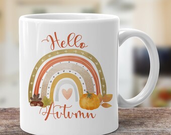 Hello Autumn Mug, Autumn Gifts, Gifts For Her, Autumn Rainbow, Pumpkin Coffee Mug, Fall Season