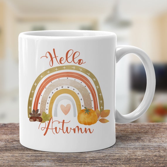 Hello Autumn Mug, Autumn Gifts, Gifts For Her, Autumn Rainbow, Pumpkin Coffee Mug, Fall Season
