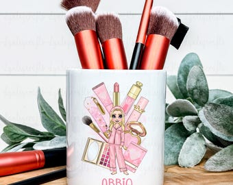 Personalised Make Up Holder, Pink Girl Dolly Make Up Pot, Cosmetic Brush Holder, Make Up Accessory Gift For Girls, Teen Girl Birthday Gift