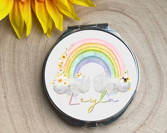 Personalised Rainbow Double Sided Compact Mirror, Pastel Rainbow Gift, Handbag Gift For Her, Birthday Gift For Friend, Mothers Day Gift