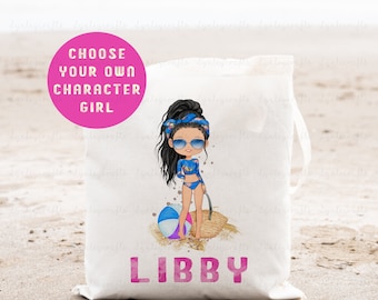 Personalised Beach Tote Bag, Summer Beach Bag For Girls, Character Girl Tote Bag, Holiday Bag For Her, First Holiday Gift, Teen Girl Bag