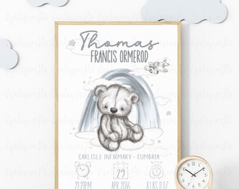 Baby Stats Personalised Sign, New Baby Birth Details Print, Sketchy Bear Nursery Wall Art, Christening Gift, Baby Bear Unisex Nursery Decor