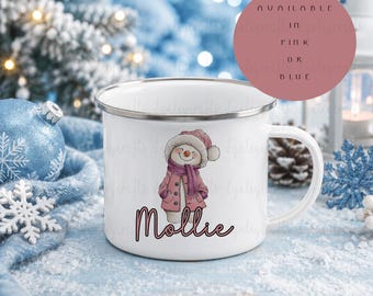 Personalised Snowman Enamel Mug, Custom Christmas Cup, Kids Winter Hot Chocolate Mug