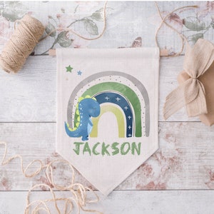 Dinosaur Wall Sign, Personalised Dinosaur Pennant For Boys, Rainbow Dinosaur Flag, Nursery Wall Banner, Boys Dino Bedroom, Dinosaur Gifts