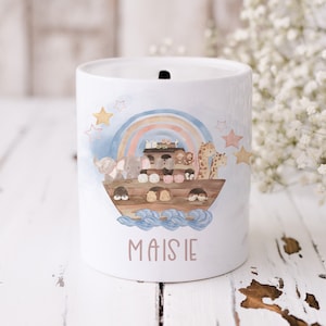 Personalised Noahs Ark Money Box, Biblical Piggy Bank, Animal Money Box, First Birthday Keepsake, Unisex Childrens Savings, New Baby Gift
