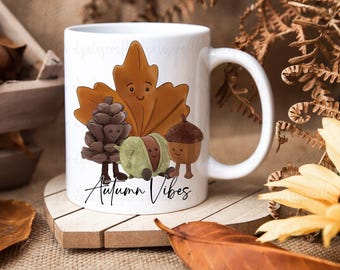 Cute Autumn Kawaii Mug, Autumn Character Cup, Personalised Autumn Mug, Autumn Hamper Gift, Fall Gifts, Acorn Cup, Conker Mug, Cosy Fall Mug