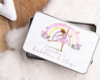 Personalised Bobbles & Clips Tin, Hair Accessory Tin For Girls, Ballerina Hair Bobbles And Bows Box, Storage Box For Girls Hair Accessories