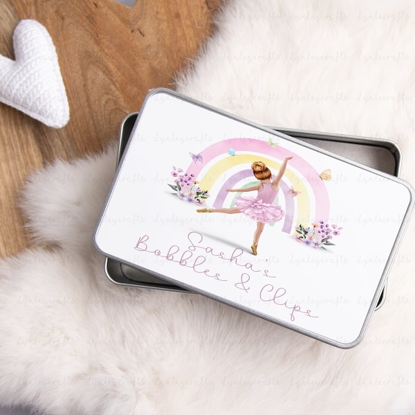 Personalised Bobbles & Clips Tin, Hair Accessory Tin For Girls, Ballerina Hair Bobbles And Bows Box, Storage Box For Girls Hair Accessories