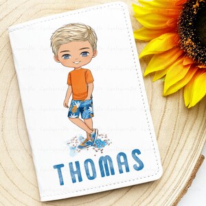 Personalised Boys Passport Cover, Beach Boy Passport Holder, Boy Character Passport Cover, Travel Gift For Him, Boys Holiday Document Holder