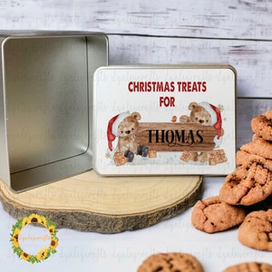 Personalised Christmas Treat Box, Cute Christmas Bear Gift, Metal Tin For Sweets, Christmas Treat Tin For Kids, Christmas Eve Gift Filler