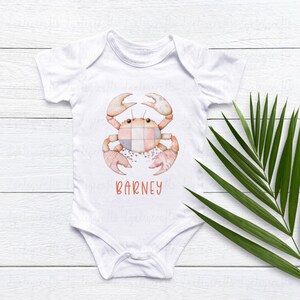 May include: White baby onesie with a patchwork-style crab illustration and the name "BARNEY" printed in orange.