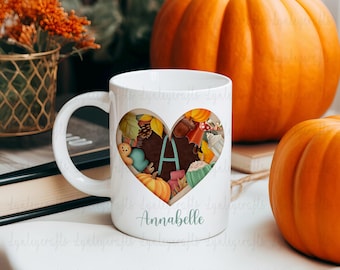 Autumn Alphabet Mug, Personalised Autumn Mug, Cosy Fall Gifts, Autumnal Home Decor, Pumpkin Mug For Her, Autumn Leaves Cup, Fall Coffee Mug
