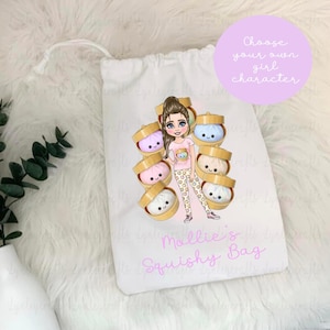 May include: White drawstring bag featuring a cartoon girl surrounded by stacked dumpling boxes. The bag has the text "Mollie's Squishy Bag" in pink script. A purple circle with the text "Choose your own girl character" is in the upper right.