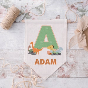 Personalised Dinosaur Alphabet Flag, Kids Bedroom Decor, Dinosaur Room Sign, Linen Pennant, Dino Wall Art, Dinosaur Name Sign, Playroom Sign