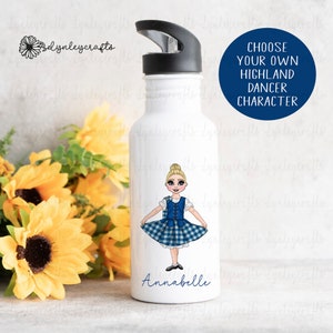 May include: White water bottle with a black lid and a blue and white illustration of a girl in a highland dancer costume. The text "Choose your own Highland Dancer Character" and "Annabelle" are printed on the bottle.