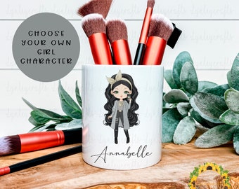 Personalised Makeup Brush Pot, Makeup Accessory Holder For Girls, Teen Girl Gift, Gift To Daughter, Choose Your Own Cute Girl Character