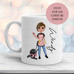 Personalised Cleaner Mug, Character Cleaning Girl, Cleaning Staff Gifts,  Gift For My Cleaner, Cleaning Business Gifts, Cleaner Daughter Mug