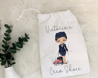 Cabin Crew Shoe Bag, Personalised Drawstring Bag, Flight Attendant Air Hostess Bag, Cabin Crew Gift, Blue Airline Uniform Staff Shoe Bag,