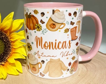 Personalised Autumn Mug, Autumn Vibes Gift, Coloured Mug For Autumn, Fall Mug, Cosy Mug Gift For Her, Autumn Leaves And Pumpkins, Fall Decor