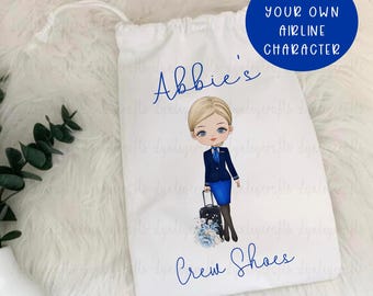 Cabin Crew Shoe Bag, Personalised Drawstring Bag, Flight Attendant Air Hostess Bag, Cabin Crew Gift, American Blue Uniform, Travel Girl