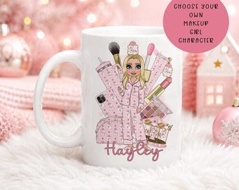 Personalised Pink Girl Character Mug, Pink Make Up Girl, Choose Your Own Character, Horse Carousel Mug, Beauty Gift For Daughter