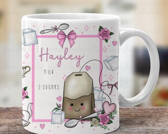 Personalised Tea Order Mug, Cute Teabag Mug, Office Name Cup, Pink Girly Mug, Tea Lover Gift, Personalised Mug for Her, Kawaii Style Mug