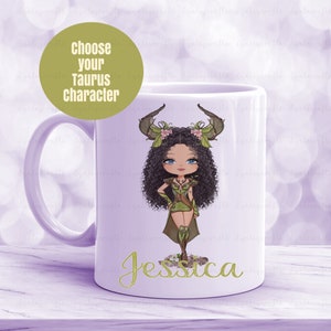 May include: White ceramic mug with a green and brown illustration of a Taurus zodiac sign character with the name Jessica printed in green below the illustration. The mug has a handle on the left side.