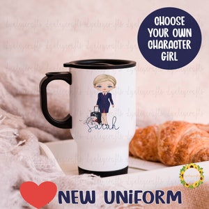 Personalised Cabin Crew Travel Mug, Cabin Crew Gift, Best Friend Gift, Air Hostess Character Girl, Flight Attendant Mug, New Red Uniform