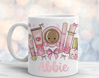 Personalised Make Up Mug, Cute Pink Mug, Rainbow Cup, Make Up Lover Gift, Gift For Daughter, Make Up Character Cup, Cute Tea Or Coffee Mug