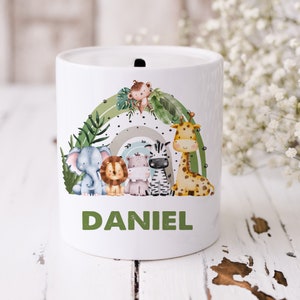 Personalised Jungle Piggy Bank, Childrens Safari Money Box, Childrens First Savings, Animal Coin Bank, Safari Themed Nursery Bedroom Gift