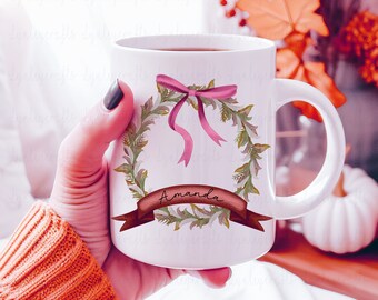 Personalised Autumn Mug, Burnt Orange Wreath Mug, Autumn Home Decor, Fall Mug, Gift For Her, Housewarming Gift, Autumn Wreath Gift