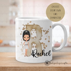 Personalised Boho Girl Character Mug, Gold Alphabet Mug, Gift For Teen Daughter, Best Friend Gift, Choose Your Own Girl Character, Girly Mug