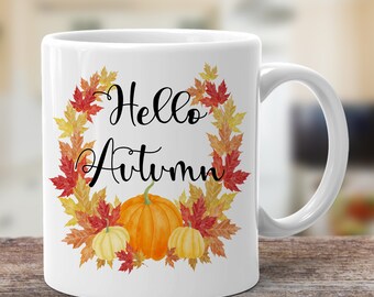 Hello Autumn Mug, Autumn Gifts, Gifts For Her, Autumn Wreath, Autumn Leaves Coffee Mug, Fall Season