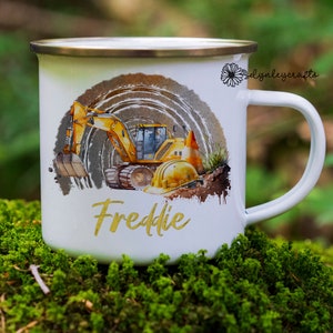 Personalised Digger Camp Mug, Small Metal Mug For Kids, Excavator Gift For Boys, Unbreakable Kids Cup, Construction Themed Gift For Boys