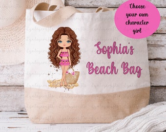 Personalised Girls Beach Bag, Character Travel Bag For Her, Large Jute Beach Bag, Travel Gift For Girls, First Holiday Abroad Gift