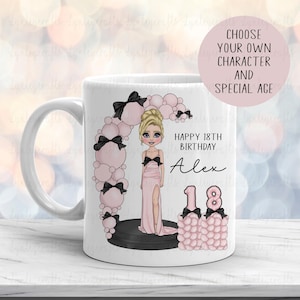 Personalised Special Age Character Mug, Pink And Black Birthday Girl Mug, Pink Bow Character, 30th Birthday Mug, Special Birthday Keepsake