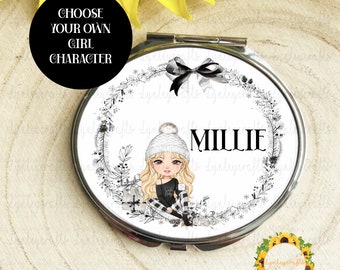 Personalised Compact Mirror For Girls, Winter Girl Character, Choose Your Own Character, Handbag Mirror, Stocking Filler Gift For Her