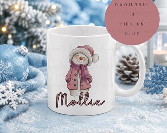 Personalised Snowman Mug, Custom Name Christmas Mug, Cute Winter Coffee Cup, Christmas Mug For Kids, Pink or Blue Snowman Mug