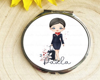 Personalised Compact Mirror For Air Hostess, Cabin Crew Gift, Cabin Crew Bag Accessory, Air Flight Attendant, Handbag Gift, Blue Red Uniform