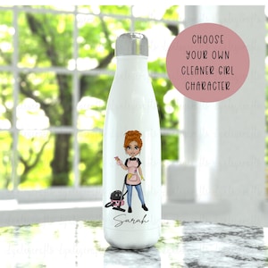 Personalised Cleaner Girl Hot Or Cold Bottle, Character Cleaning Girl, Cleaning Staff Gifts, Gift For My Cleaner, Cleaning Business Gifts