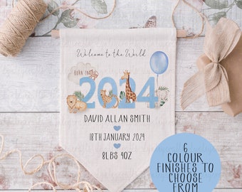 Personalised Born In 2024 Baby Pennant, Welcome To The World Flag, Safari Nursery Decor, Born In 2024 Gift, Birth Detail Gift For Newborn