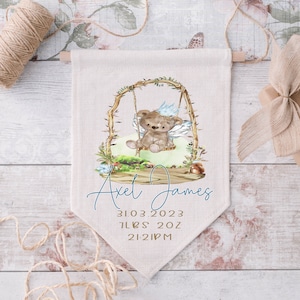 Personalised New Baby Flag, Nursery Hanging Sign, Baby Stats Pennant, Woodland Bear Childrens Sign, Nursery Decor, Newborn Gifts, Birth Flag