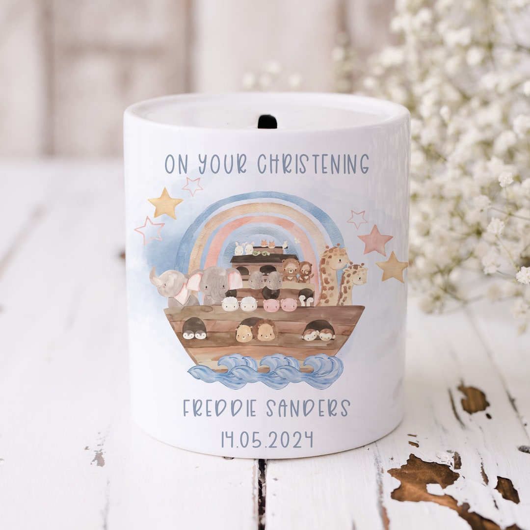 Personalised Christening Money Box, Noahs Ark, Biblical Piggy Bank