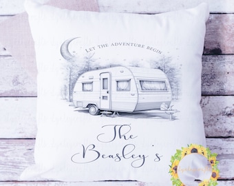 Personalised Caravan Cushion, Caravan Accessories, Caravan Gifts, Let The Adventure Begin Gift, Sketchy Vintage Caravan, Caravan Cushion