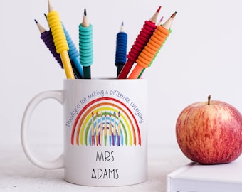 Personalised Teacher Mug, End Of Year Gift, Rainbow Mug, Gift For Nursery Staff, Thank You Teacher, Gift From Student, Teaching Assistant