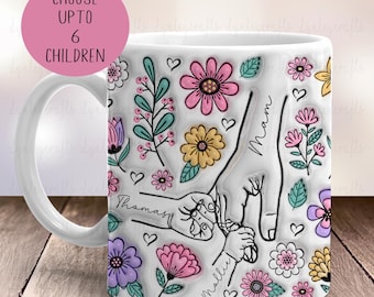 Personalised Holding Mums Hand Mug, Puffy 3D Effect Mug, Inflated Floral Mug, Up to 6 Hands, Gift For Mum, Nanna Birthday Gift, Coloured Mug