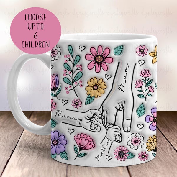 Taza personalizada con diseño de manos de mamá, taza con efecto 3D acolchado, taza floral inflable, hasta 6 manos, regalo para mamá, regalo de cumpleaños para la abuela, taza de colores